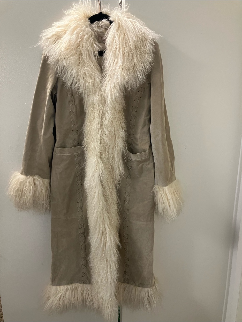 Vintage Y2K Penny Lane Coat Real Mongolian Fur Genuine Suede Afghan Jacket Sz L.